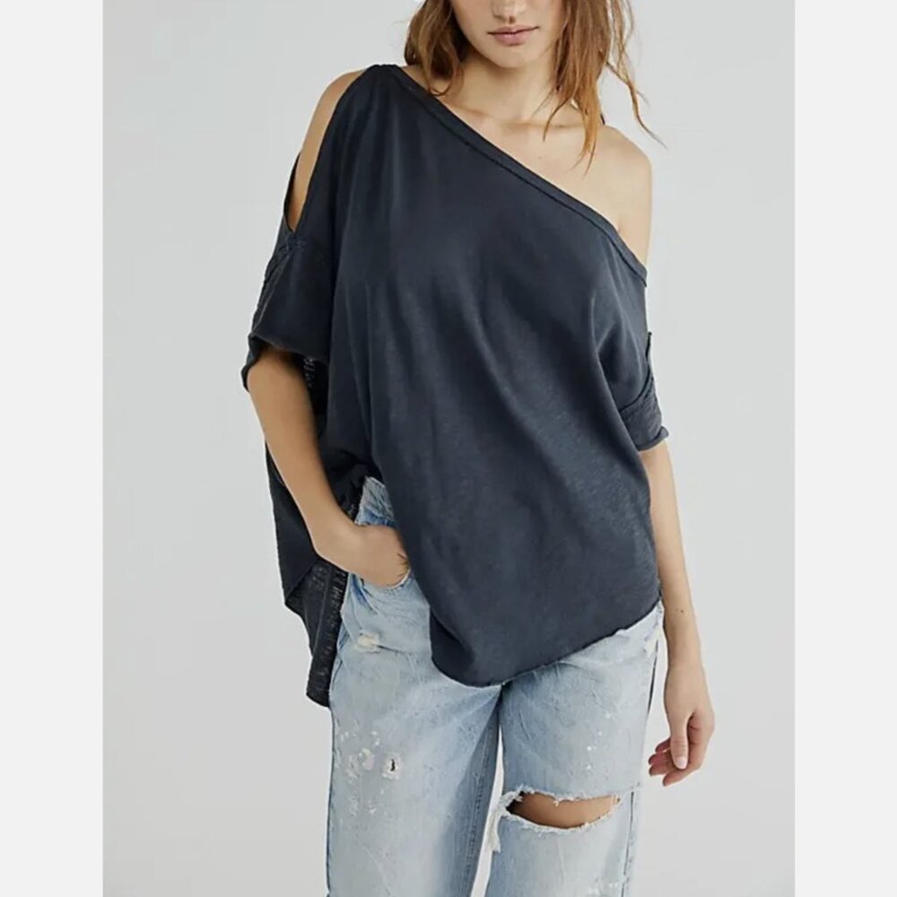 Free People We the Free Washed Black Cotton Care FP U Fancy Tee